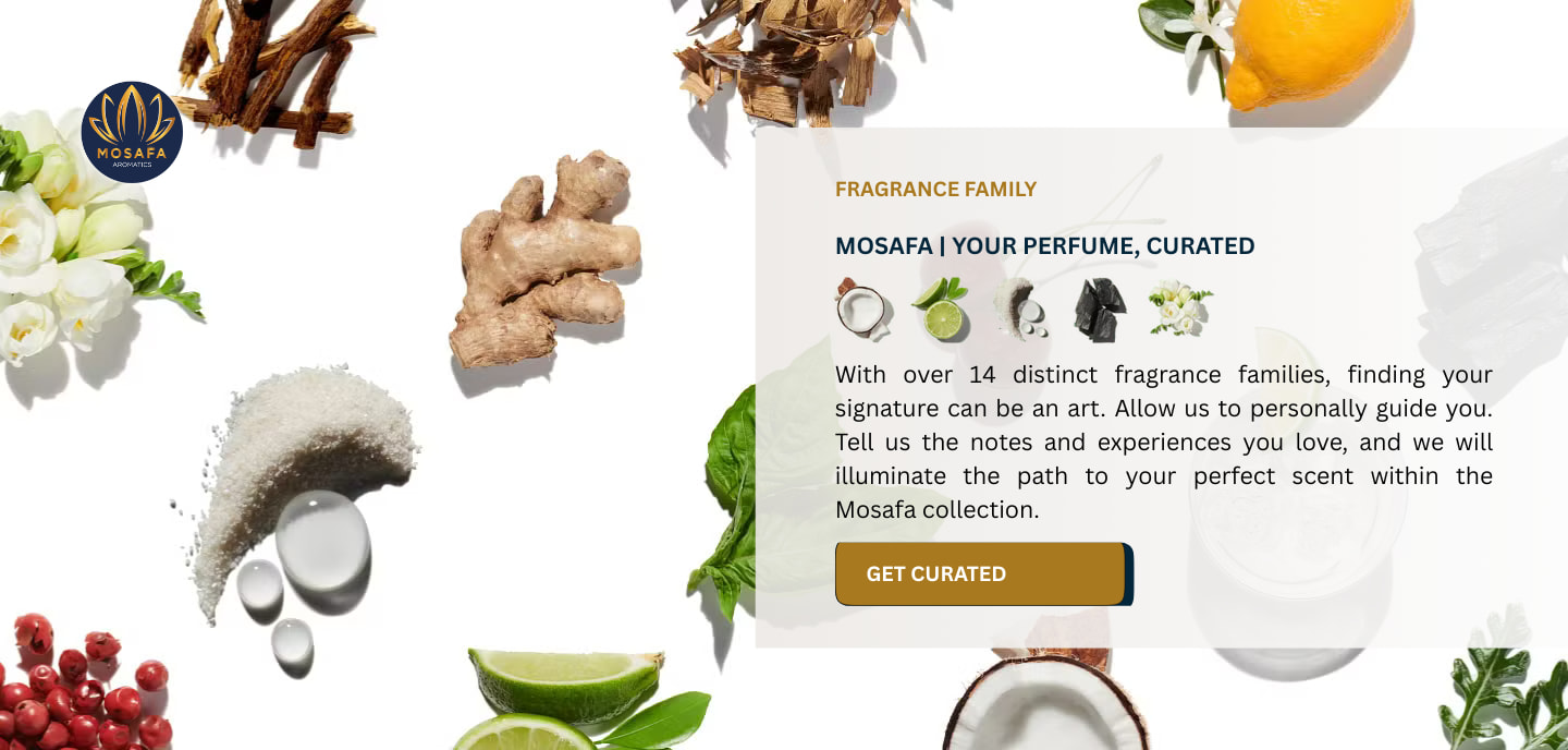 A curated selection of fragrance ingredients including a citrus fruit, a vanilla pod, a wood chip, and a rose, artistically arranged on a neutral stone surface.