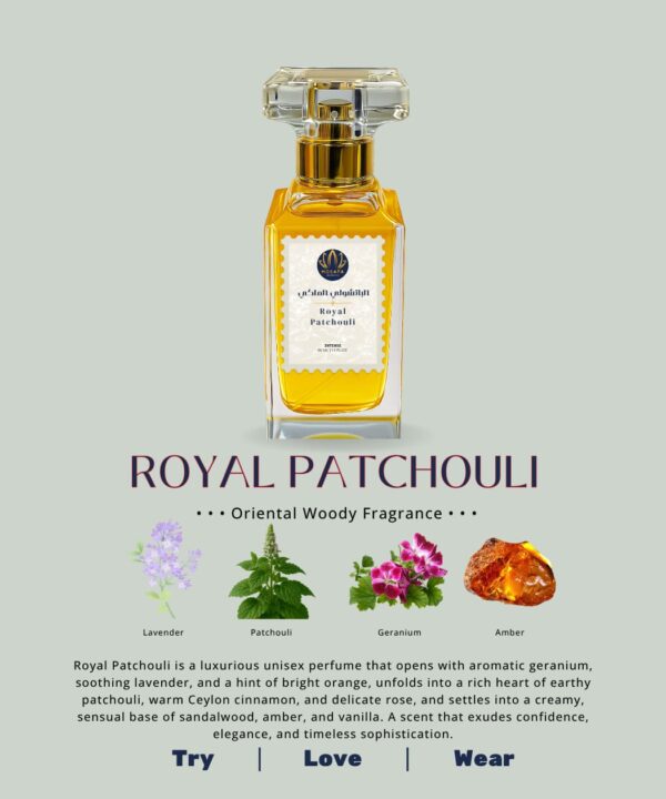 The luxurious Royal Patchouli perfume in a golden-hued, Tom Ford-style glass bottle with a black cap, set beside artistic representations of its key notes: patchouli leaves, cinnamon sticks, and vanilla pods.