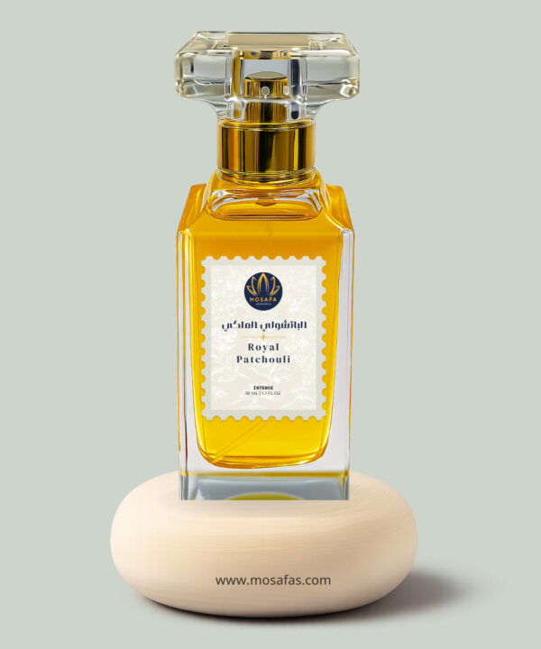 The luxurious Royal Patchouli perfume in a golden-hued, Tom Ford-style glass bottle with a black cap, set beside artistic representations of its key notes: patchouli leaves, cinnamon sticks, and vanilla pods.