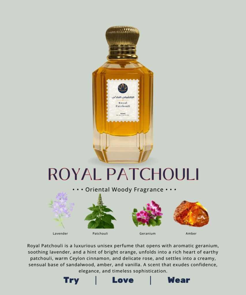 The luxurious Royal Patchouli perfume in a golden-hued, Tom Ford-style glass bottle with a black cap, set beside artistic representations of its key notes: patchouli leaves, cinnamon sticks, and vanilla pods.