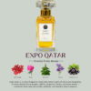 A 50ml Mosafa Aromatics perfume bottle labeled “Expo Qatar,” styled with a luxurious Oriental Fruity Woody theme and presented with warm, elegant tones.