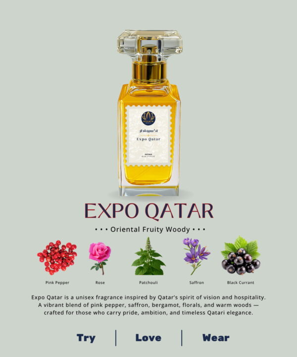 A 50ml Mosafa Aromatics perfume bottle labeled “Expo Qatar,” styled with a luxurious Oriental Fruity Woody theme and presented with warm, elegant tones.