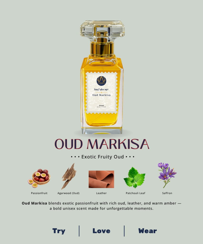 A 50ml Mosafa Aromatics perfume bottle labeled “Oud Markisa,” featuring an Exotic Fruity Oud fragrance, styled with luxurious tropical and woody tones.