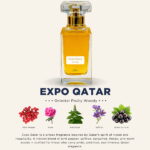 A 50ml Al-Mosafa Aromatics perfume bottle labeled “Expo Qatar,” styled with a luxurious Oriental Fruity Woody theme and presented with warm, elegant tones.