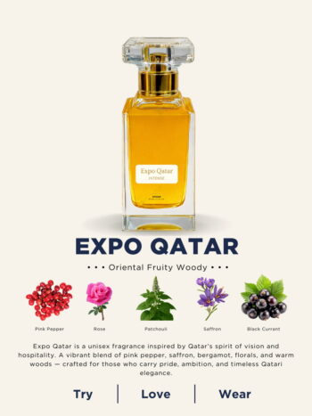 A 50ml Al-Mosafa Aromatics perfume bottle labeled “Expo Qatar,” styled with a luxurious Oriental Fruity Woody theme and presented with warm, elegant tones.