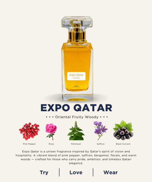 A 50ml Al-Mosafa Aromatics perfume bottle labeled “Expo Qatar,” styled with a luxurious Oriental Fruity Woody theme and presented with warm, elegant tones.