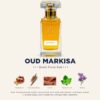 A 50ml Al-Mosafa Aromatics perfume bottle labeled “Oud Markisa,” featuring an Exotic Fruity Oud fragrance, styled with luxurious tropical and woody tones.