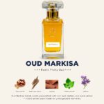 A 50ml Al-Mosafa Aromatics perfume bottle labeled “Oud Markisa,” featuring an Exotic Fruity Oud fragrance, styled with luxurious tropical and woody tones.
