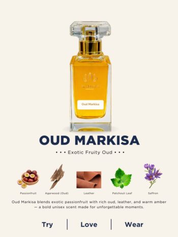 A 50ml Al-Mosafa Aromatics perfume bottle labeled “Oud Markisa,” featuring an Exotic Fruity Oud fragrance, styled with luxurious tropical and woody tones.