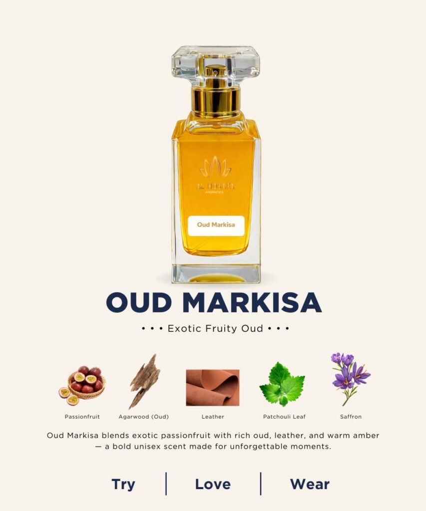A 50ml Al-Mosafa Aromatics perfume bottle labeled “Oud Markisa,” featuring an Exotic Fruity Oud fragrance, styled with luxurious tropical and woody tones.