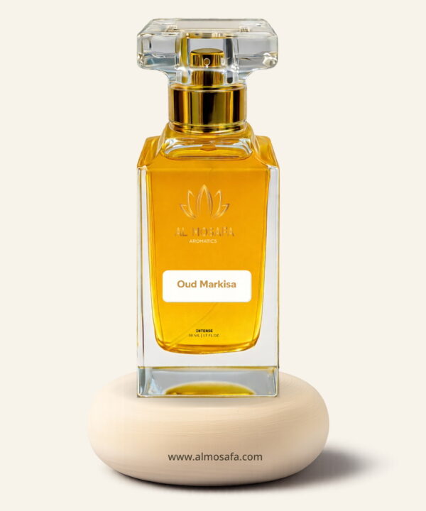 A 50ml Al-Mosafa Aromatics perfume bottle labeled “Oud Markisa,” featuring an Exotic Fruity Oud fragrance, styled with luxurious tropical and woody tones.
