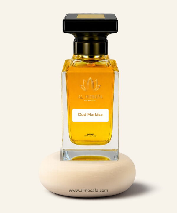 A 50ml Al-Mosafa Aromatics perfume bottle labeled “Oud Markisa,” featuring an Exotic Fruity Oud fragrance, styled with luxurious tropical and woody tones.
