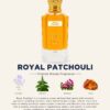 The luxurious Royal Patchouli perfume in a golden-hued, Tom Ford-style glass bottle with a black cap, set beside artistic representations of its key notes: patchouli leaves, cinnamon sticks, and vanilla pods.
