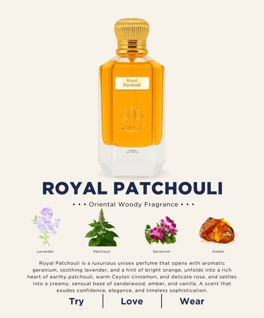The luxurious Royal Patchouli perfume in a golden-hued, Tom Ford-style glass bottle with a black cap, set beside artistic representations of its key notes: patchouli leaves, cinnamon sticks, and vanilla pods.