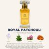 The luxurious Royal Patchouli perfume in a golden-hued, Tom Ford-style glass bottle with a black cap, set beside artistic representations of its key notes: patchouli leaves, cinnamon sticks, and vanilla pods.