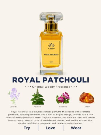The luxurious Royal Patchouli perfume in a golden-hued, Tom Ford-style glass bottle with a black cap, set beside artistic representations of its key notes: patchouli leaves, cinnamon sticks, and vanilla pods.