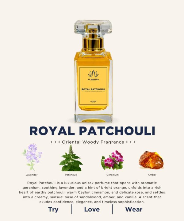 The luxurious Royal Patchouli perfume in a golden-hued, Tom Ford-style glass bottle with a black cap, set beside artistic representations of its key notes: patchouli leaves, cinnamon sticks, and vanilla pods.